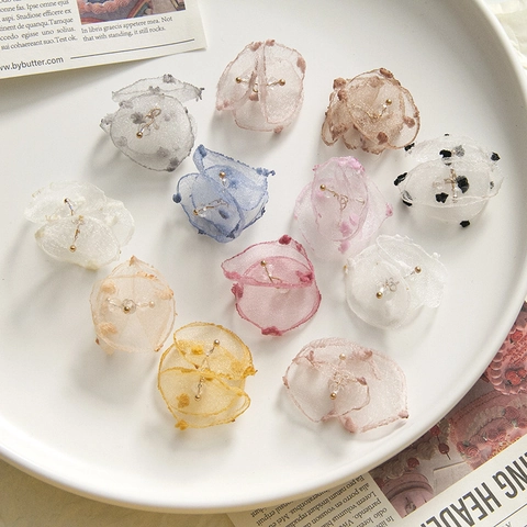 Handmade Gauze Flower Petals Charms For DIY Earring Headwear Making Fabric Flower Components Princess Style Floral Craft Accessories
