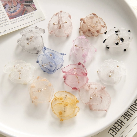 Handmade Gauze Flower Petals Charms For DIY Earring Headwear Making Fabric Flower Components Princess Style Floral Craft Accessories