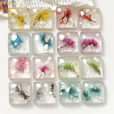 Patch Fai-da-te in Resina Trasparente Quadrata Con Fiori Secchi Veri Foglia Argento Conchiglia per Orecchini Cover Telefono Gioielli