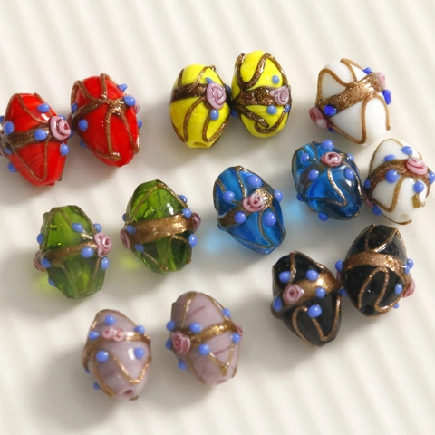 Perles en Verre Soufflé à la Main Ovales Avec Feuille d'Or Motif Floral Peint à la Main Accessoires de Bijoux DIY