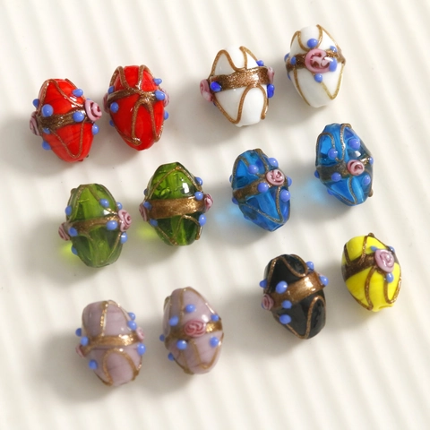 Perles en Verre Soufflé à la Main Ovales Avec Feuille d'Or Motif Floral Peint à la Main Accessoires de Bijoux DIY