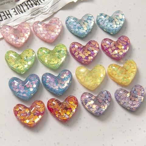 Colorful Sequin Heart Resin DIY Accessories Sweet Holographic Heart Charms For Jewelry Making Phone Case Decoration