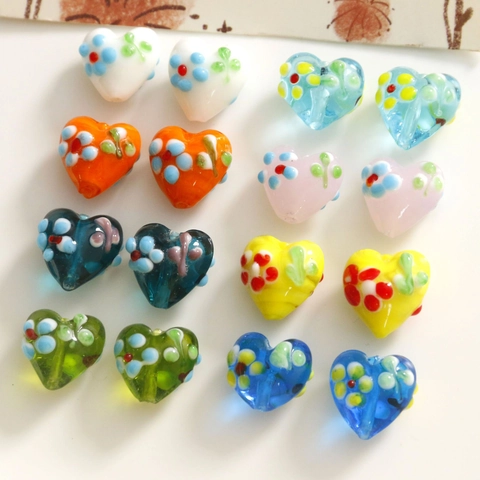 Perline in Vetro Lampwork a Forma di Cuore Fatte a Mano Motivo Floreale Accessori per Creazione Gioielli Fai da Te