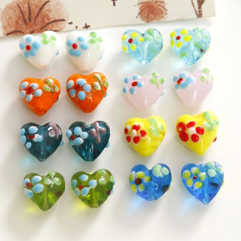 Perline in Vetro Lampwork a Forma di Cuore Fatte a Mano Motivo Floreale Accessori per Creazione Gioielli Fai da Te