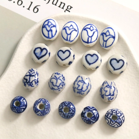 Chinese Style Blue And White Porcelain Ceramic Beads Hand Painted Floral Geometric DIY Jewelry Making Accessories Handmade Beads