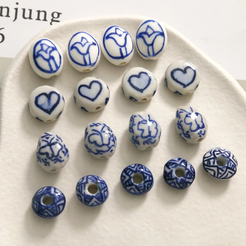Chinese Style Blue And White Porcelain Ceramic Beads Hand Painted Floral Geometric DIY Jewelry Making Accessories Handmade Beads