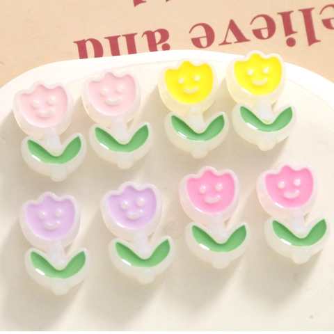 Cute 3D Tulip Flower DIY Acrylic Pendants With Smiley Face Green Leaf Drip Oil Jewelry Findings For Earrings Bracelet Making
