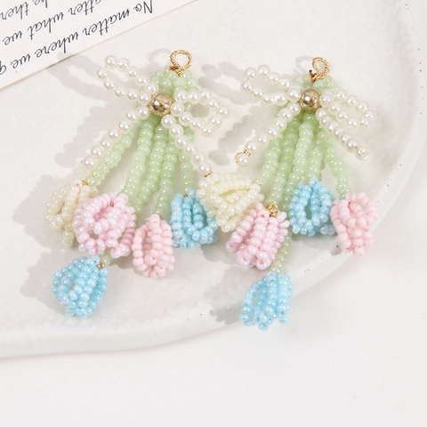 Handmade Beaded Tulip Bouquet Bow Tassel Drop Earring Pendant For Women French Style DIY Jewelry Making Accessory Glass Acrylic Beads