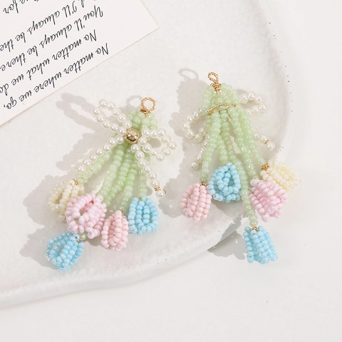 Handmade Beaded Tulip Bouquet Bow Tassel Drop Earring Pendant For Women French Style DIY Jewelry Making Accessory Glass Acrylic Beads