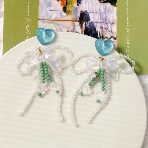 Sweet Acrylic Bow Knot Heart Flower Beaded Tassel Earrings For Women Forest Style Iridescent Long Drop Ear Jewelry