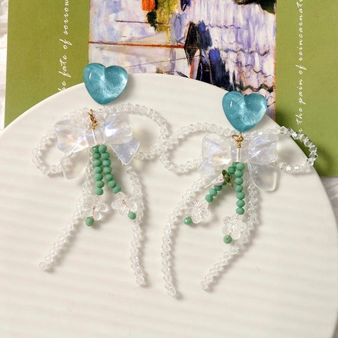 Sweet Acrylic Bow Knot Heart Flower Beaded Tassel Earrings For Women Forest Style Iridescent Long Drop Ear Jewelry