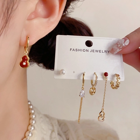 Vintage Copper Red Wu Lou Gourd Earring Collection With 14K Gold Plating Cubic Zirconia Faux Artificial Pearl Stud Hoop Drop Earrings Jewelry