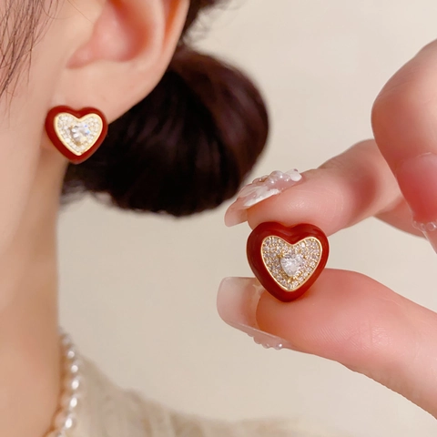 Boucles d'Oreilles Clous Cœur Vintage pour Femmes Cuivre Plaqué Or Véritable Strass Émail Bijoux de Luxe Légers Cadeau