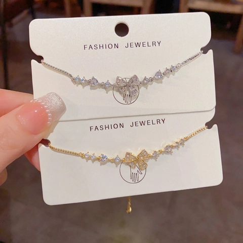 Elegant Bowknot Zirconia Adjustable Pull-Out Bracelet Fashion Gold Plated Heart Elements Copper Bracelet For Women Jewelry