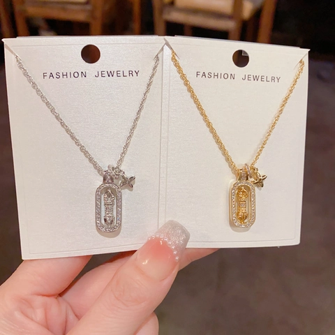 Collier Pendentif Étoile Rectangulaire en Cuivre Zirconia Élégant Français Chaîne Clavicule Rétro Géométrique Double Charme pour Femme Bijoux