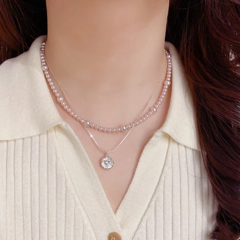 Mode Doppellagig Halskette Umweltfreundliches Kupfer Vergoldet Künstliche Perle Geometrische Rund Anhänger Strass Choker