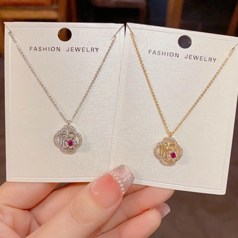 Boucles d'Oreilles Collier en Zircone de Luxe Français Caractère Fu Rotatif Fleur Bijoux en Cuivre Porte-Bonheur Avec Tige en Argent 925