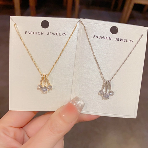 Minimalist Copper Zirconia Geometric Pendant Necklace Real Gold Plated Triple Stone Clavicle Chain Jewelry For Women