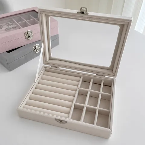 Joyero de Madera Moderno Simple Con Ventana de Vidrio Tapa Transparente para Anillos Pendientes Collares Organizador Gran Capacidad Gris