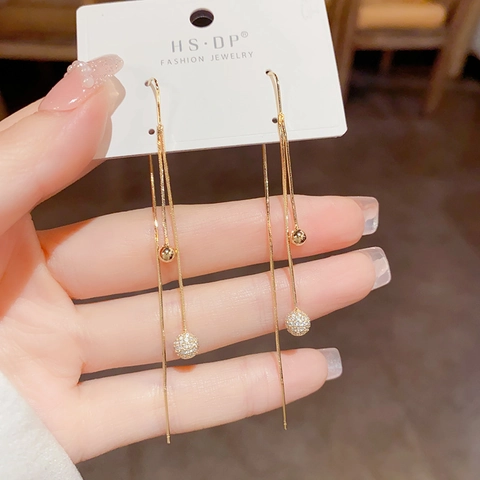 Koreaanse Koperen Zirconia Ronde Bal Doortrek Oorbellen Voor Dames Elegant Goud Zilver Verguld Lange Kwast Sieraden Cadeau