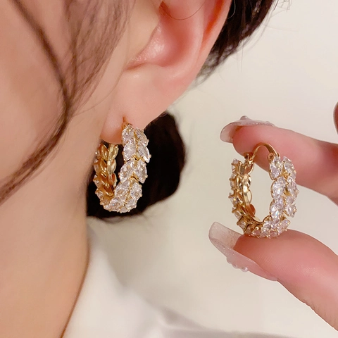 Korean Style Marquise Zircon Wheat Hoop Earrings 14K Gold Silver Plated Copper Inlaid Rhinestone Jewelry For Women