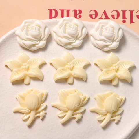Cream Resin Flower Charms Daisy Rose Narcissus Flatback Patches For DIY Jewelry Hair Clip Phone Case Handmade Decoration