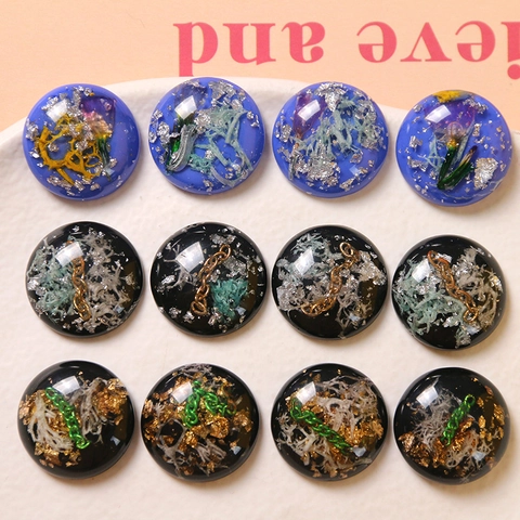 Cabochon en Résine DIY Demi Sphère Ronde Avec Incrustation de Feuille d'Or Argent Chaîne Métal pour Boucles d'Oreilles Accessoires