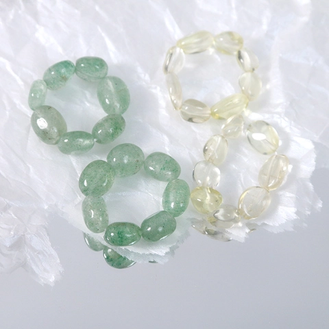 Geometric Oval Natural Stone Stretch Beaded Ring For Women Minimalist Handcrafted Green White Elastic Adjustable Jewelry