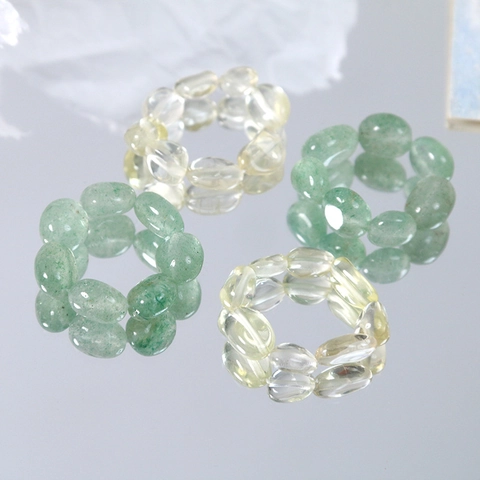 Geometric Oval Natural Stone Stretch Beaded Ring For Women Minimalist Handcrafted Green White Elastic Adjustable Jewelry