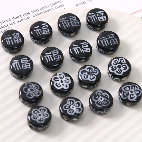 Chinese Style Hand Painted Plum Blossom Fu Character Flat Round Glaze Beads DIY Jewelry Making Accessories Material