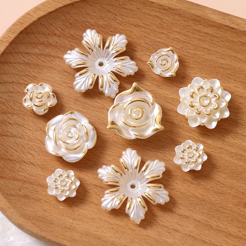 Vintage French Style Gold Edge Imitation Artificial Pearl Flower Charms Rose Snowflake Shapes For DIY Jewelry Making Crafts Decoration