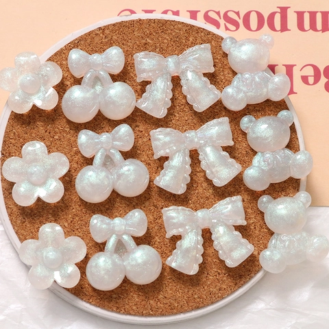 Cute Resin Bear Flower Bow Cherry Flatback Charms Pearlescent Glitter DIY Accessories For Jewelry Phone Case Decoration