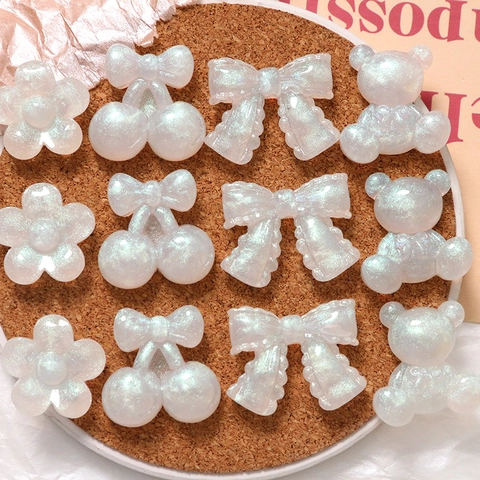 Cute Resin Bear Flower Bow Cherry Flatback Charms Pearlescent Glitter DIY Accessories For Jewelry Phone Case Decoration