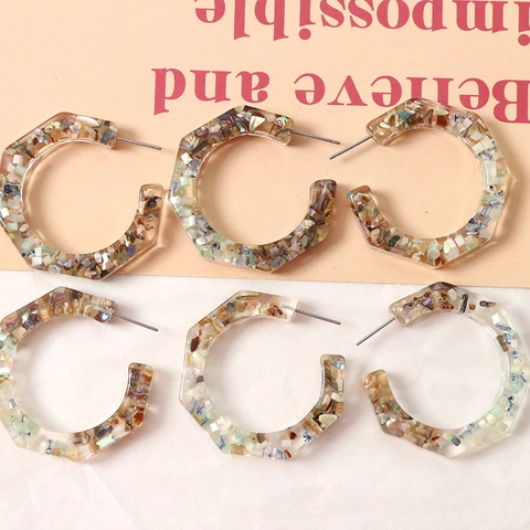 Pendientes de Aro de Resina Geométricos en Forma de C Estilo Japonés Con Fragmentos de Concha Coloridos Incrustados para Mujer