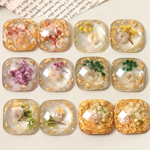 DIY Resin Flatback Patch With Real Dried Flowers And Gold Foil Geometric Faceted Cabochon For Jewelry Making DIY Crafts