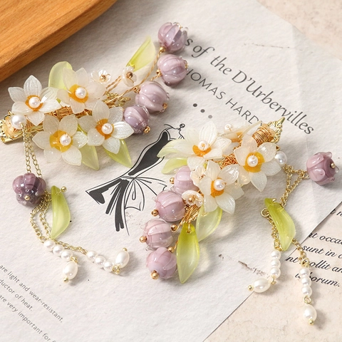 Fermaglio Per Capelli Floreale Foresta Vintage Con Orchidea Mughetto Nappa Di Künstliche Perle Elegante Fatto A Mano In Resina Gioielli Donna