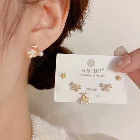 Collezione di Orecchini a Bottone a Forma di Farfalla Fiore Ciliegia Perno in Argento Sterling 925 Oro Strass Perla Artificiale per Donna Gioielli