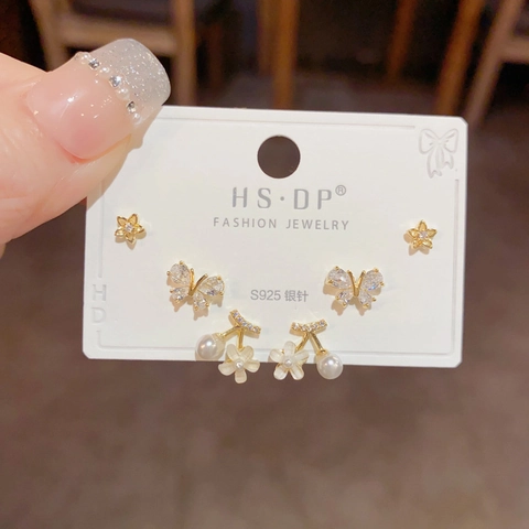 Collezione di Orecchini a Bottone a Forma di Farfalla Fiore Ciliegia Perno in Argento Sterling 925 Oro Strass Perla Artificiale per Donna Gioielli