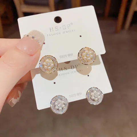 Pendientes de Botón Redondos Circonita Perla Artificial Poste Plata Ley 925 Cobre Chapado Oro 14K Joyería para Mujer