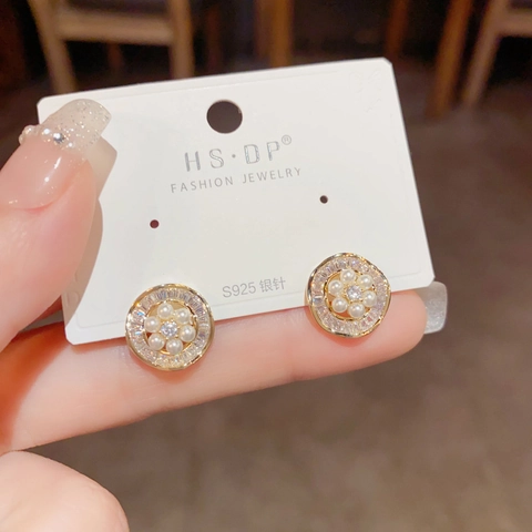 Pendientes de Botón Redondos Circonita Perla Artificial Poste Plata Ley 925 Cobre Chapado Oro 14K Joyería para Mujer
