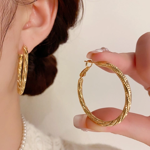 Verdrehte Metall Kreolen Für Damen 14K Vergoldet Kupfer Große Runde Kreis Ohrringe Mit 925 Sterling Silber Stift Modeschmuck