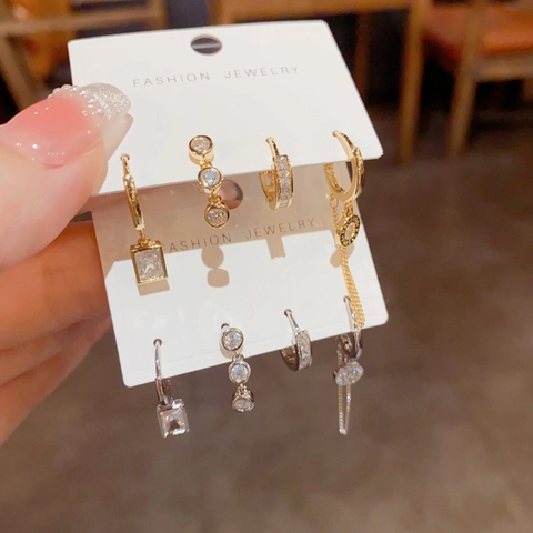 Luxurious Zirconia Asymmetric Earring Set For Women Gold Plated Copper Square Diamond Stud Earrings Niche Design Jewelry Gift