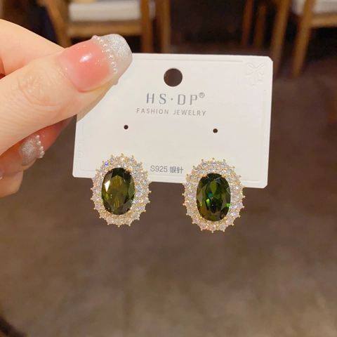 Boucles d'Oreilles Puces Ovales en Zirconia Vert Émeraude Et Bague Ouverte Réglable pour Femmes Bijoux de Mode Plaqués Or