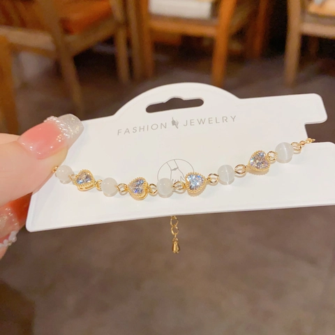 Heart Rhinestone Cat's Eye Stone Bracelet For Women Sweet Copper Real Gold Plated Adjustable Fashion Jewelry Bracelet