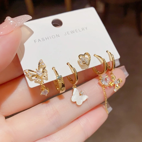 Mode Einzigartige Kupfer Ohrringe Kombination Gold Silber Zirkonia Schmetterling Stern Herz Strass Ohrringe Für Damen Schmuck Geschenk