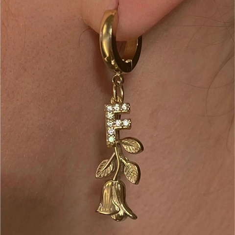Vintage Titanium Steel Rose Flower Drop Earrings For Women Gold Plated Letter F Rhinestone Huggie Hoop Earring Jewelry