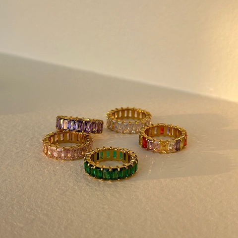 18K Gold Plated Titanium Steel Baguette Cut Eternity Ring Colorful Zircon Geometric Minimalist Jewelry For Women Party