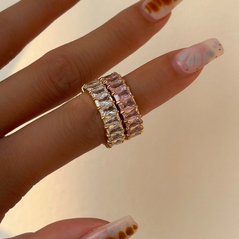 18K Gold Plated Titanium Steel Baguette Cut Eternity Ring Colorful Zircon Geometric Minimalist Jewelry For Women Party