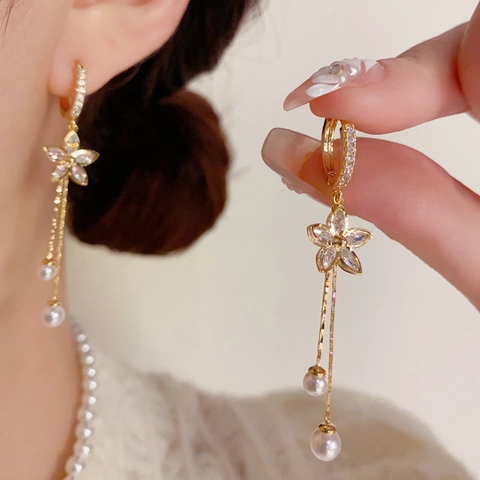 Zircon Flower Artificial Pearl Tassel Earrings For Women 14K Gold Plated Copper Floral Drop Ear Hooks Fashion Jewelry Gift
