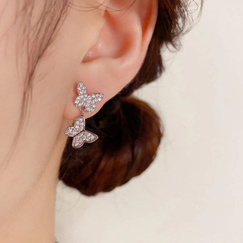 Luxury Copper Double Butterfly Dangle Earrings For Women With 925 Sterling Silver Earring Post Gold Silver Plated Rhinestone Jewelry